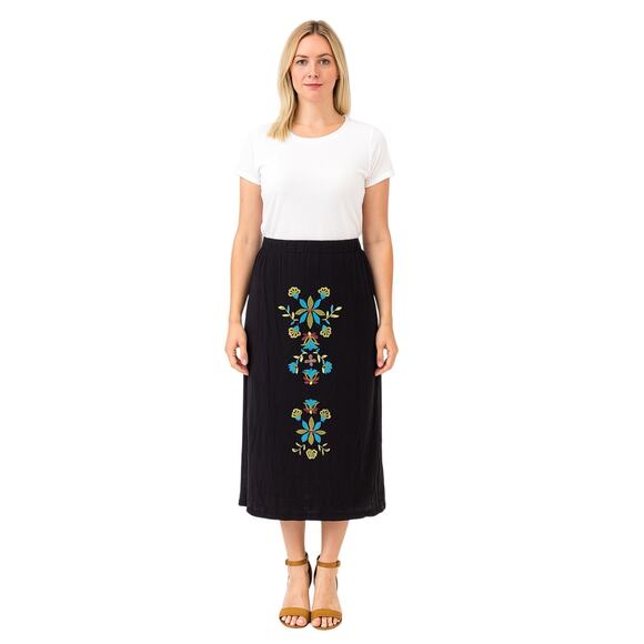 Cato Floral Embroidered Midi Skirt Size M Black Lined Textured Boho Teacher - Picture 1 of 10